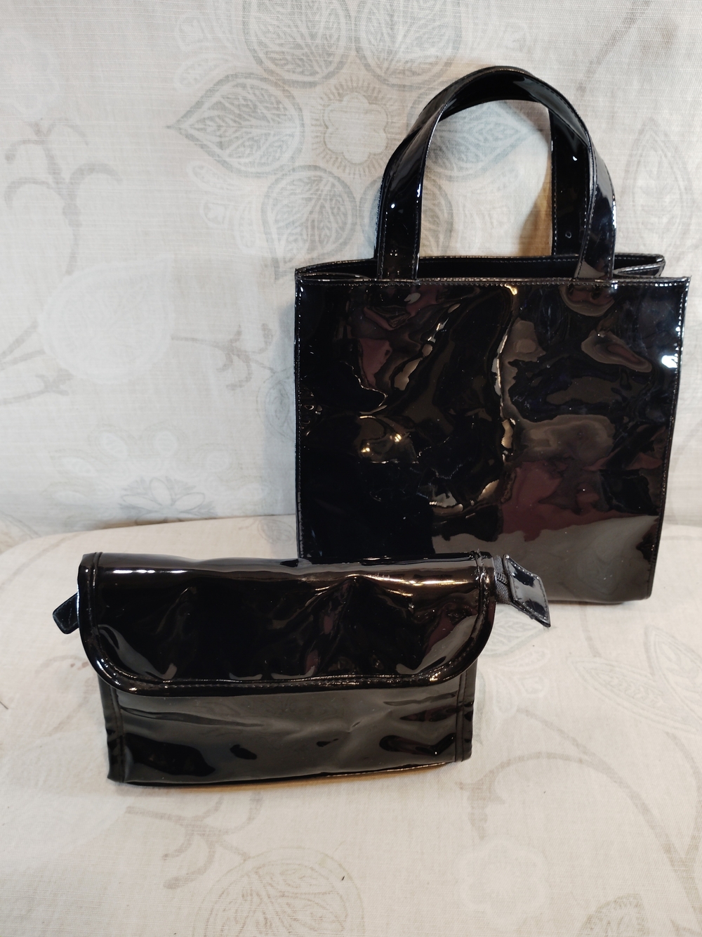 Glossy Black Patent Tote and Clutch/Cosmetic Bag Set